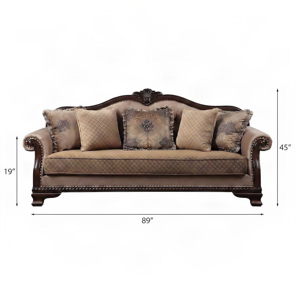 Fabric-Upholstered Transitional Sofa and Couch with 5 Pillows, Fabric & Espresso
