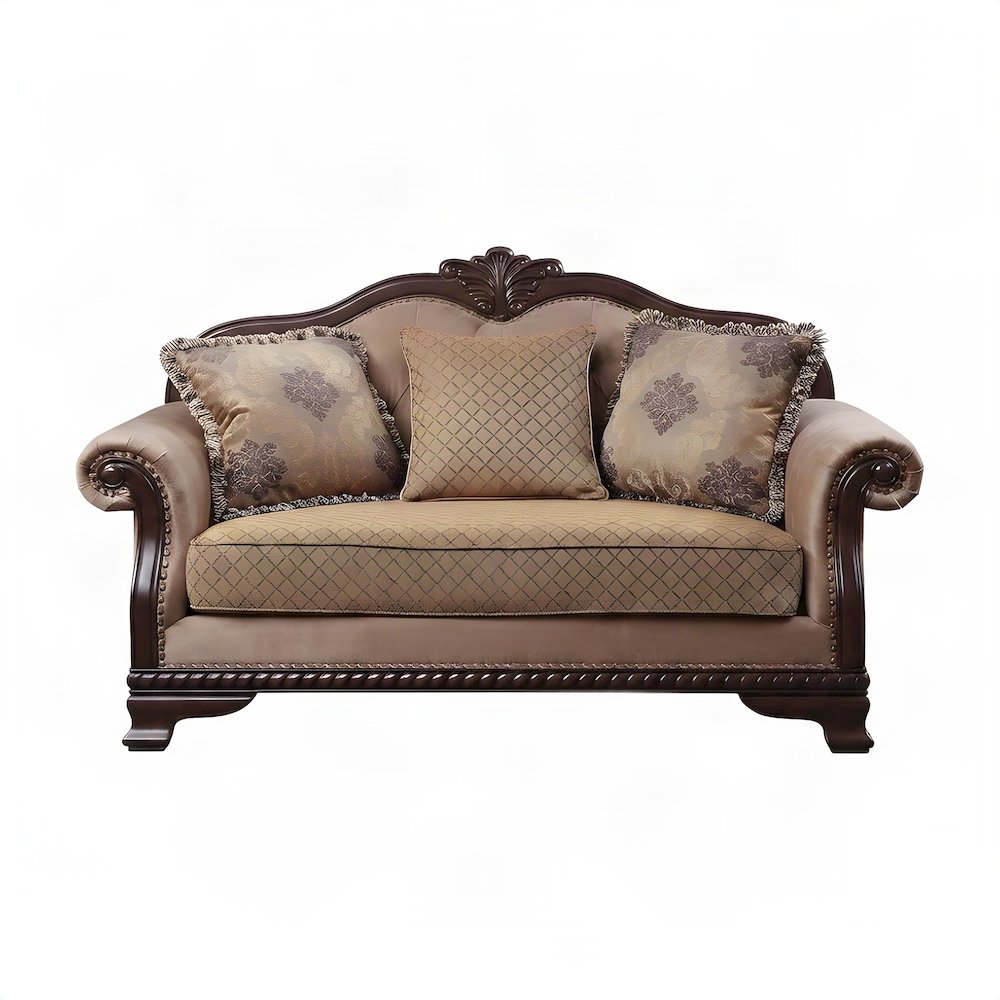 Upholstered Loveseat Sofa with 3 Accent Pillows, Small Couch, Fabric & Espresso