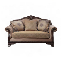 Upholstered Loveseat Sofa with 3 Accent Pillows, Small Couch, Fabric & Espresso