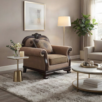 Upholstered Accent Chair with Pillow and Wood-Frame Armchair, Fabric & Espresso