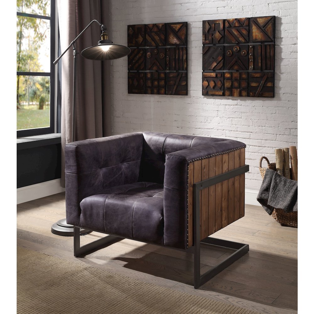 Sagat Accent Chair, Antique Ebony Top Grain Leather & Rustic Oak