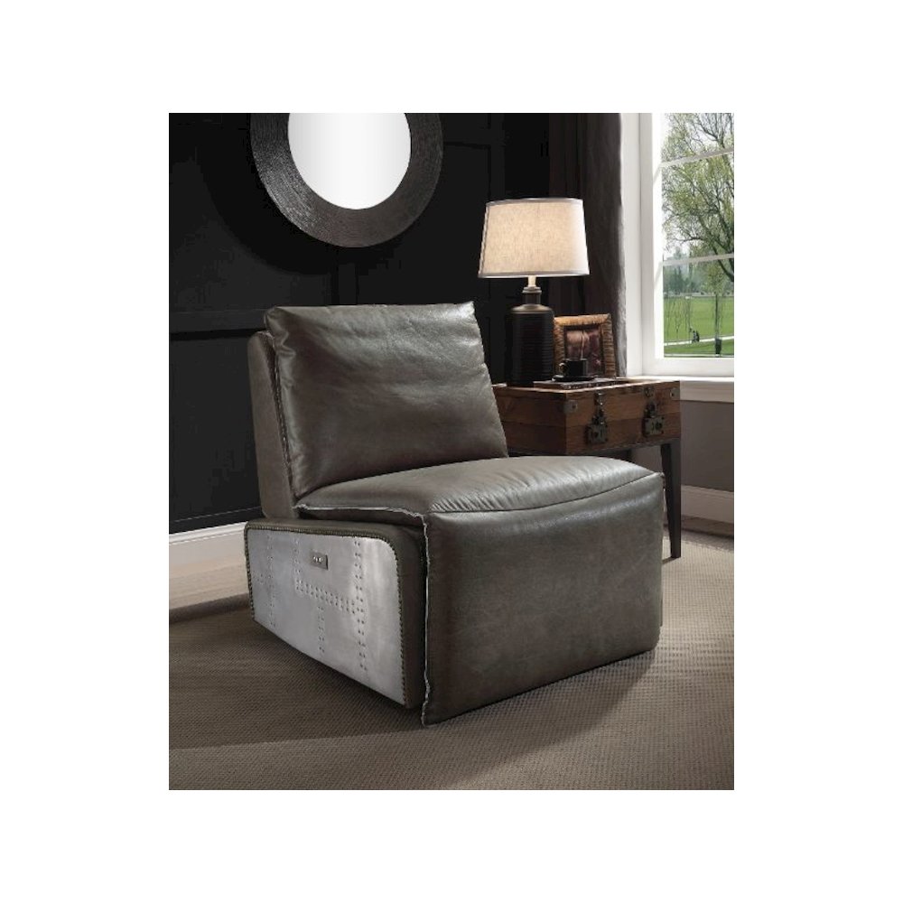 Metier Power Motion Recliner w/USB Port, Gray Top Grain Leather & Aluminum