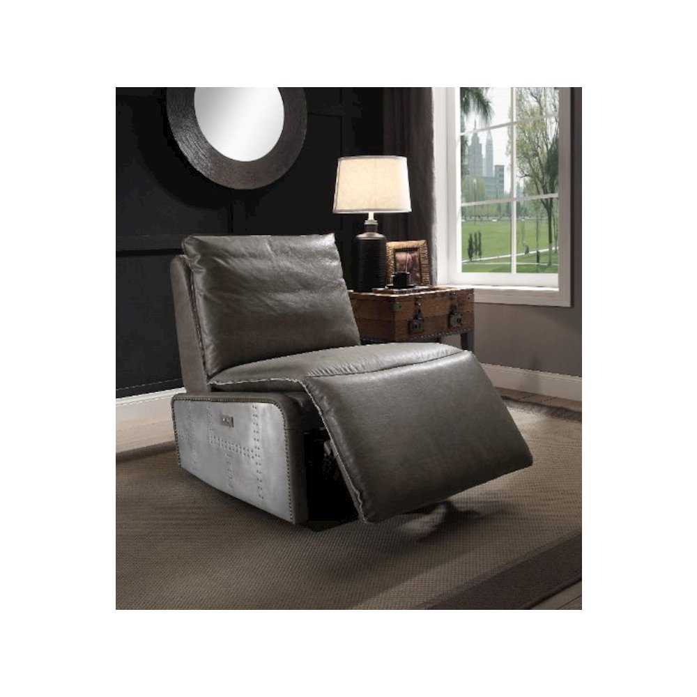 Metier Power Motion Recliner w/USB Port, Gray Top Grain Leather & Aluminum