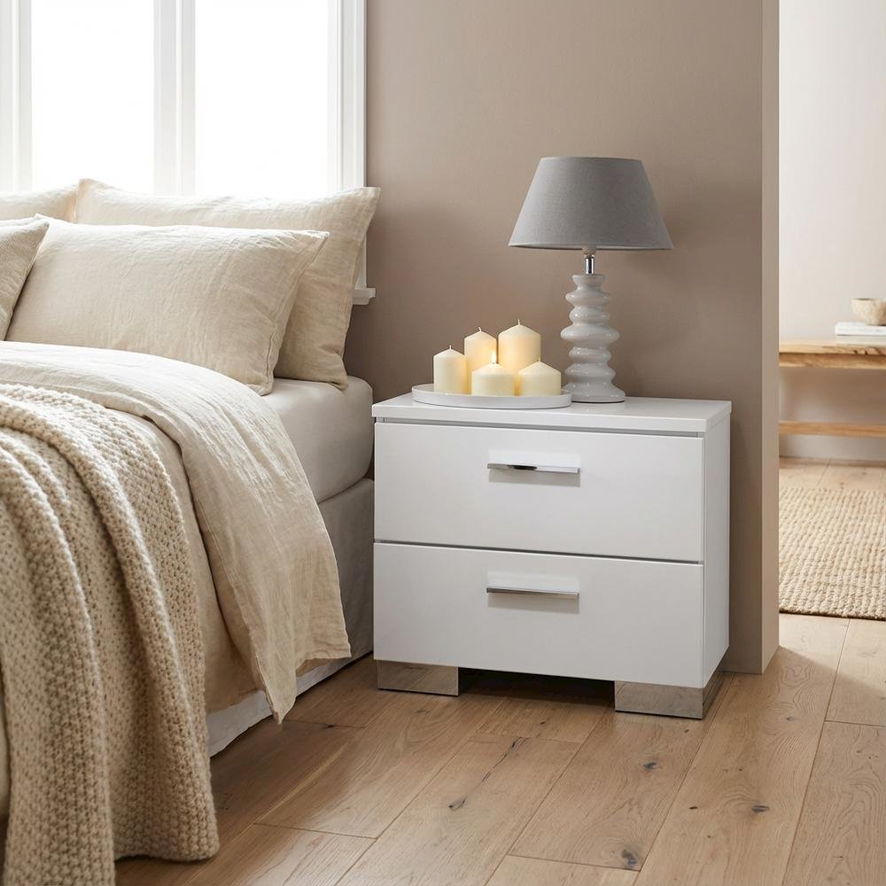 White Nightstand with Chrome Legs for Modern Bedroom Decor