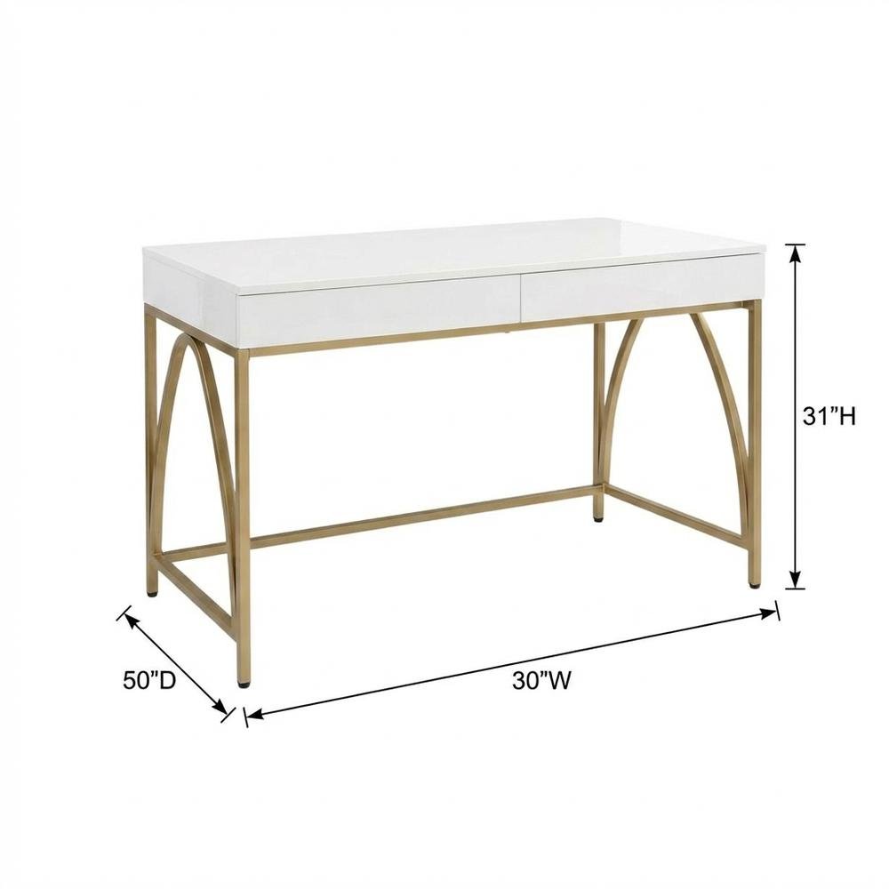 White High Gloss And Gold Office Desk With Metal Frame And Spacious Surface