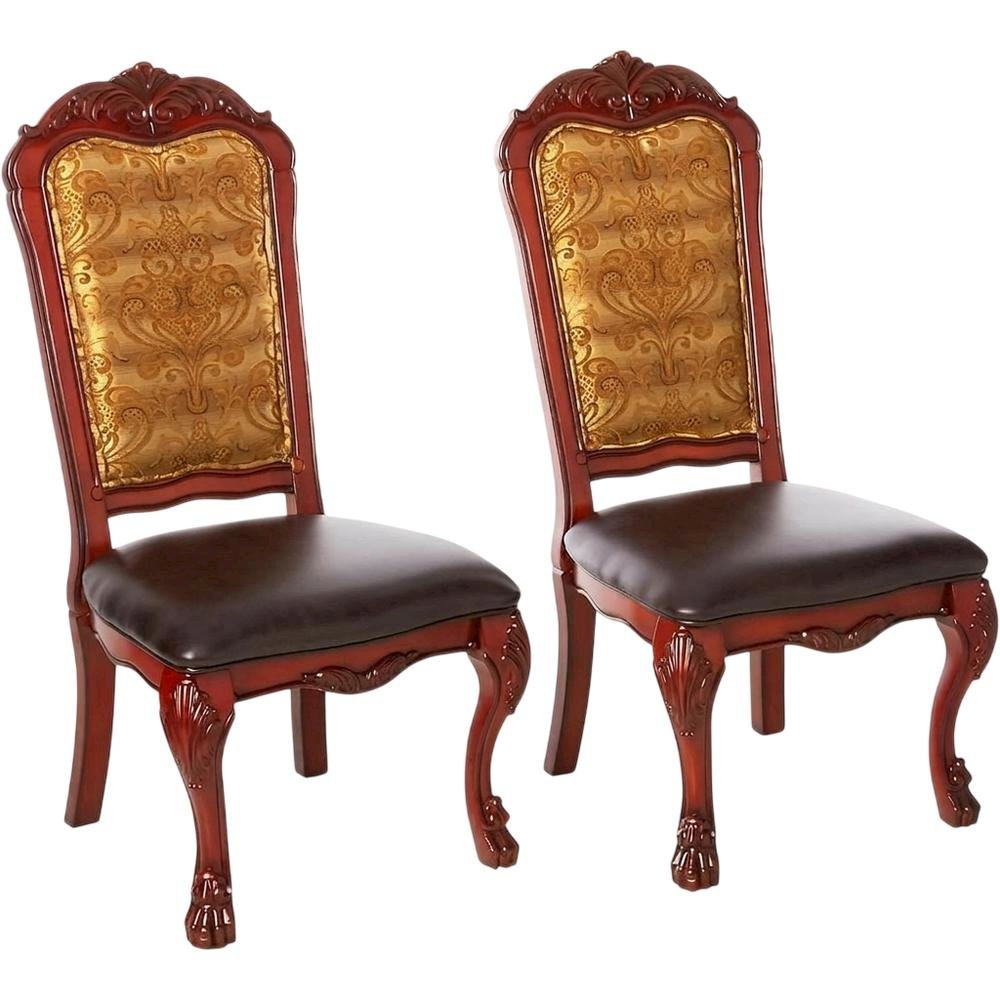 PU Leather Dining Chair with Floral Fabric Back, Synthetic Leather & Cherry Oak, Set of 2