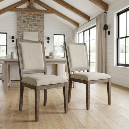 Upholstered Dining Chairs, Wood Side Chairs, Fabric & Reclaimed Gray, Set of 2