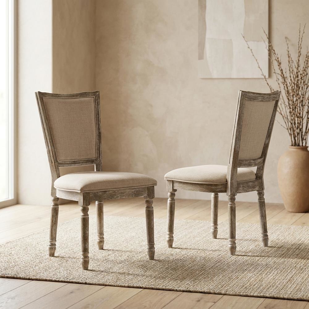 Upholstered Dining Chairs, Wood Side Chairs, Fabric & Reclaimed Gray, Set of 2