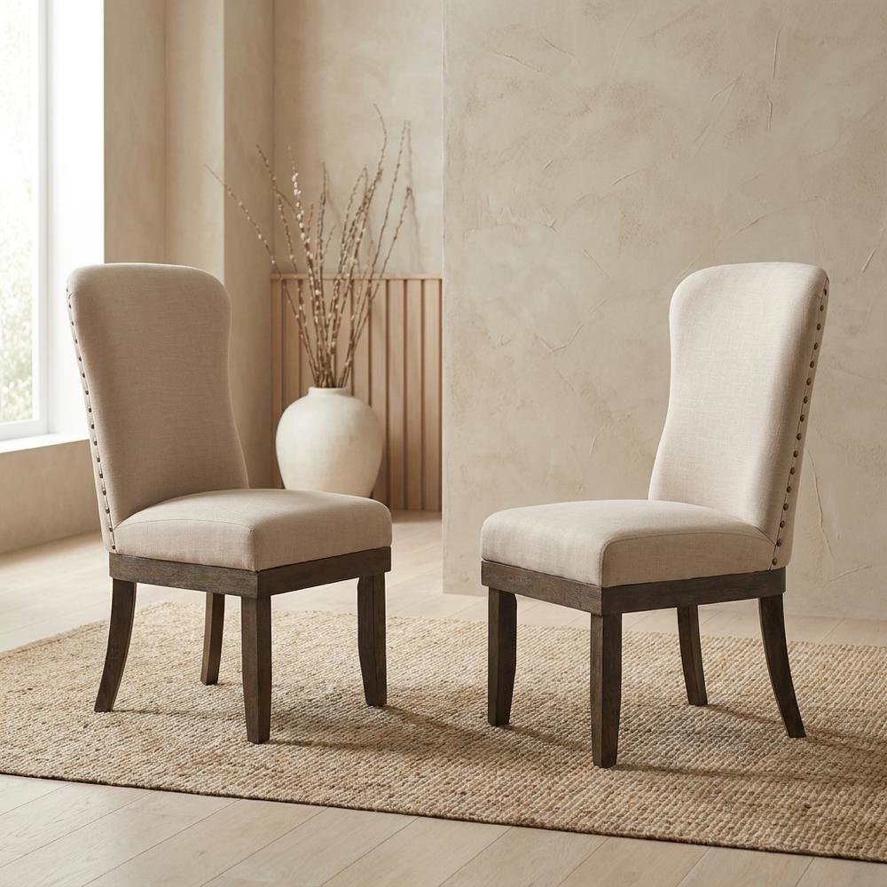 Linen Dining Side Chairs with Wood Frame, Beige Linen & Salvage Brown, Set of 2