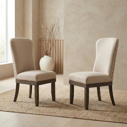 Linen Dining Side Chairs with Wood Frame, Beige Linen & Salvage Brown, Set of 2