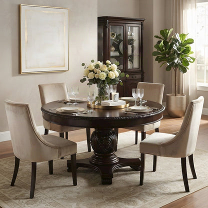 Wood Veneer Square Kitchen Table with Transitional Pedestal Base, Espresso