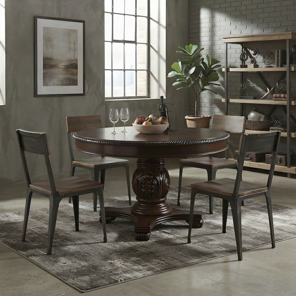 Wood Veneer Square Kitchen Table with Transitional Pedestal Base, Espresso