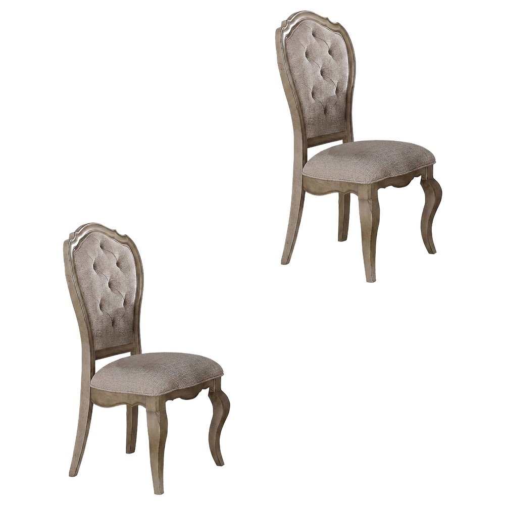 Fabric Dining Chairs with Wood Veneer Frame, Beige Fabric & Antique Taupe, Set of 2
