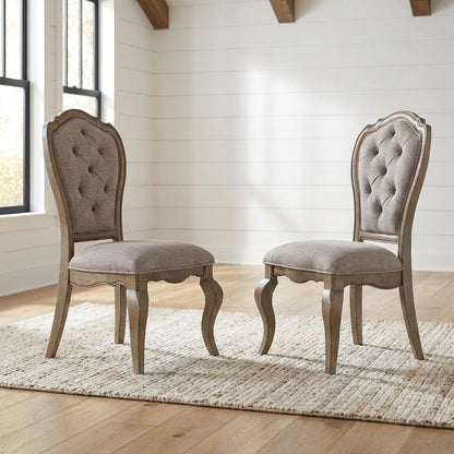 Fabric Dining Chairs with Wood Veneer Frame, Beige Fabric & Antique Taupe, Set of 2