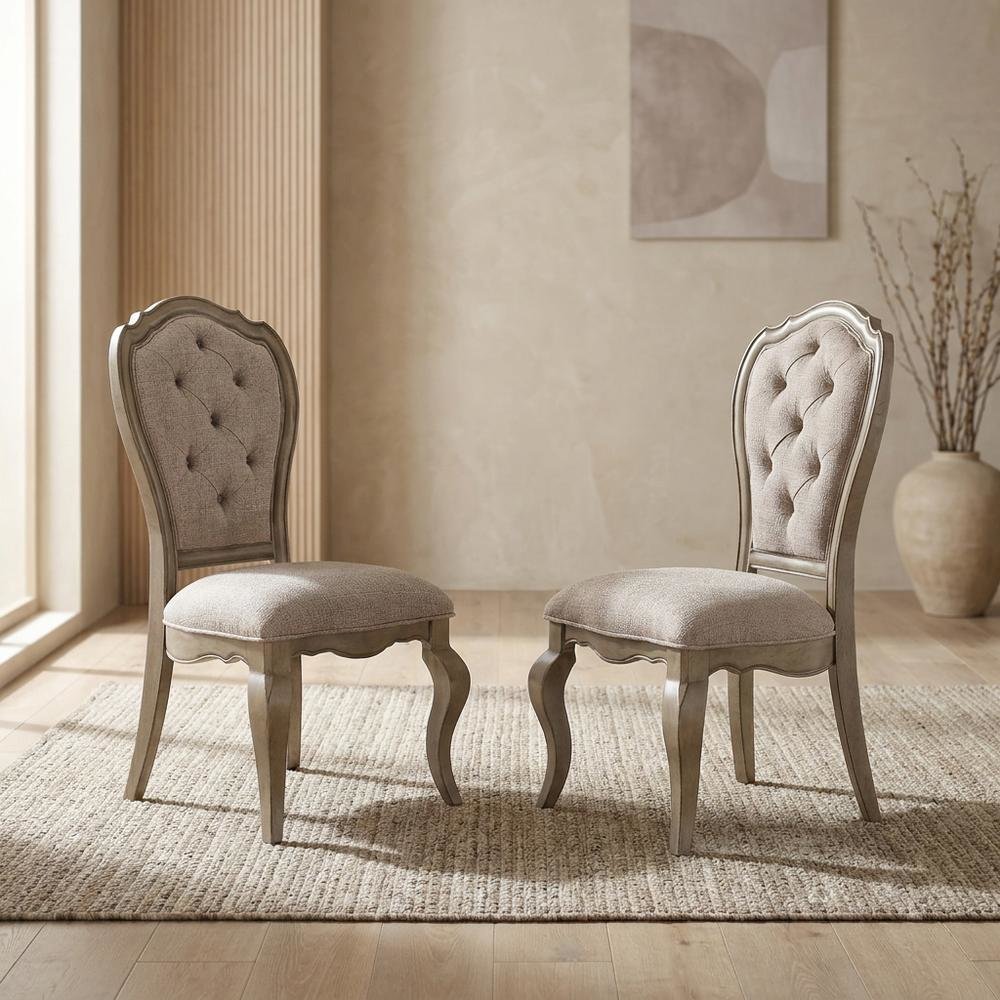 Fabric Dining Chairs with Wood Veneer Frame, Beige Fabric & Antique Taupe, Set of 2
