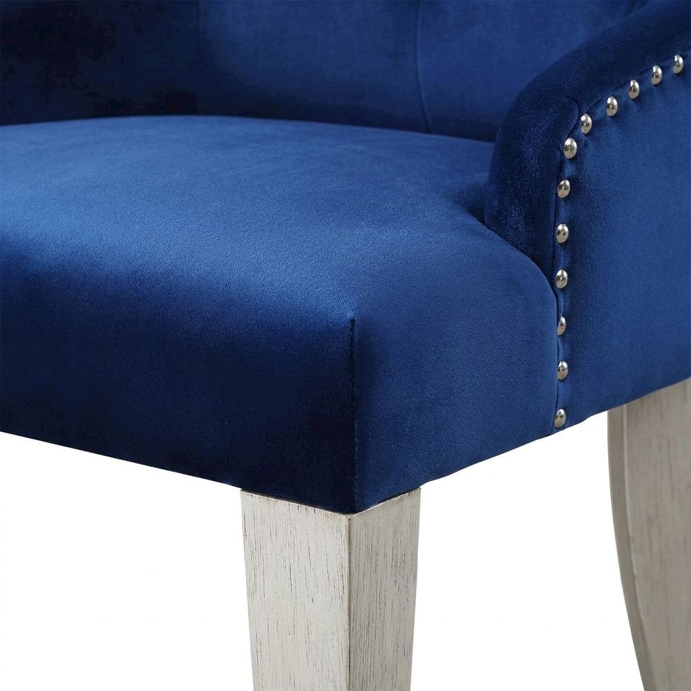 Glam Accent Chair with Mirrored Accents, Blue Fabric & Antique Platinum