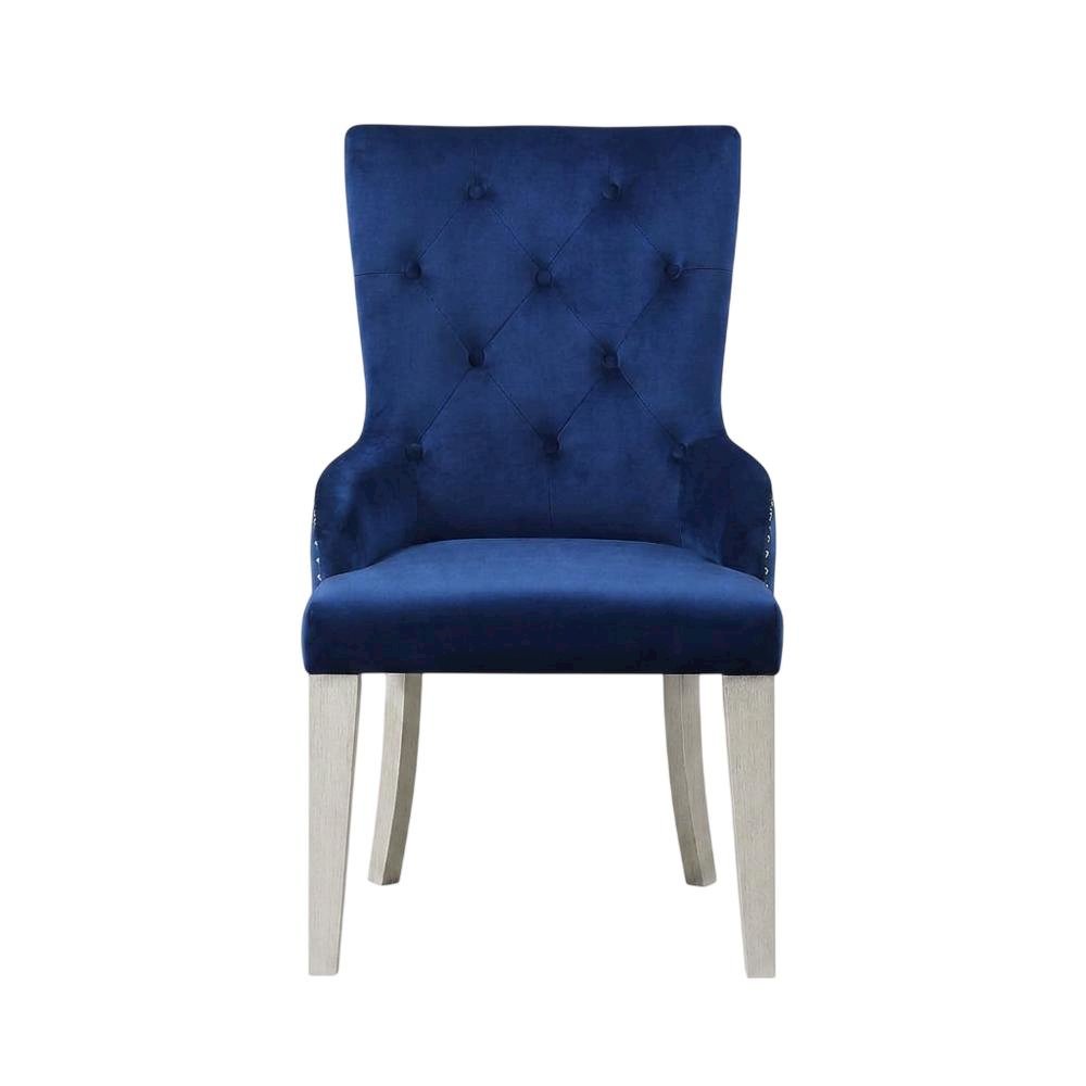 Glam Accent Chair with Mirrored Accents, Blue Fabric & Antique Platinum
