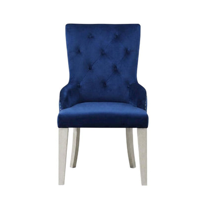 Glam Accent Chair with Mirrored Accents, Blue Fabric & Antique Platinum