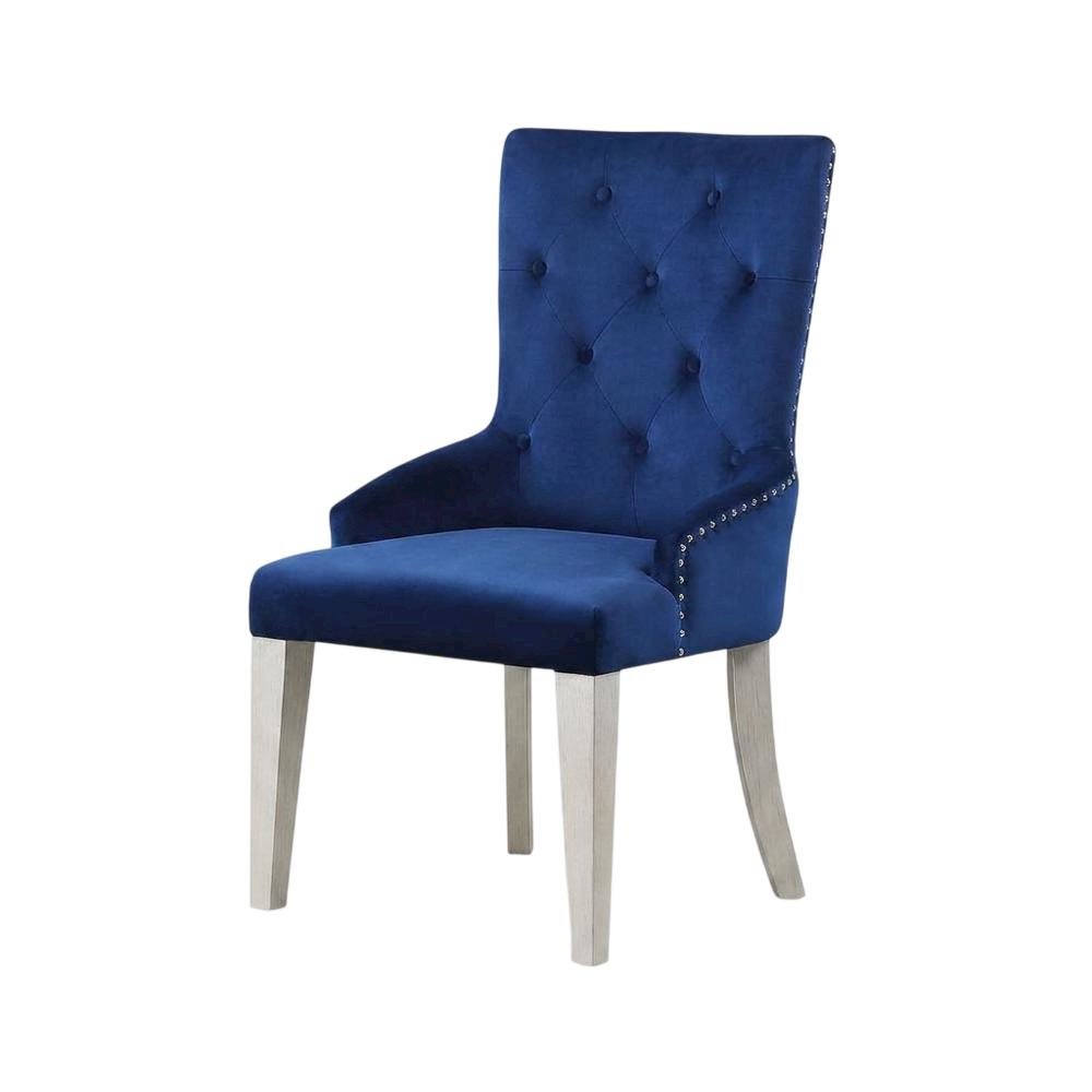 Glam Accent Chair with Mirrored Accents, Blue Fabric & Antique Platinum