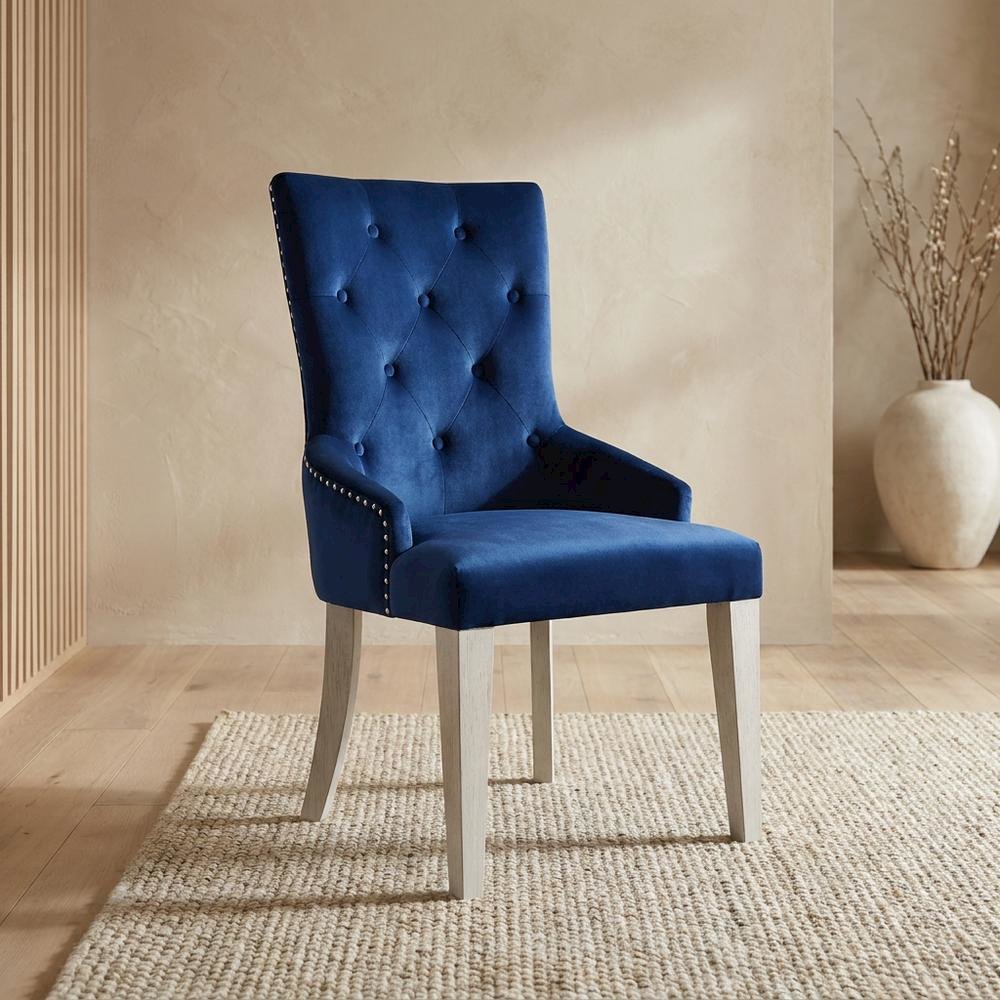 Glam Accent Chair with Mirrored Accents, Blue Fabric & Antique Platinum