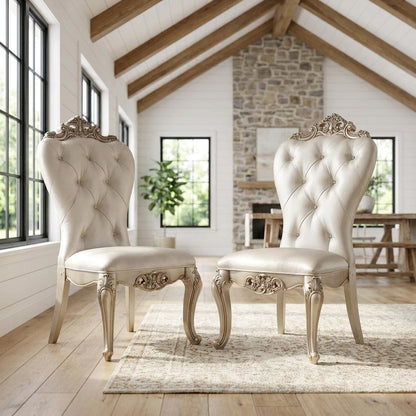 Fabric Accent Dining Chair with Wooden Legs, Cream Fabric & Golden Ivory, Set of 2