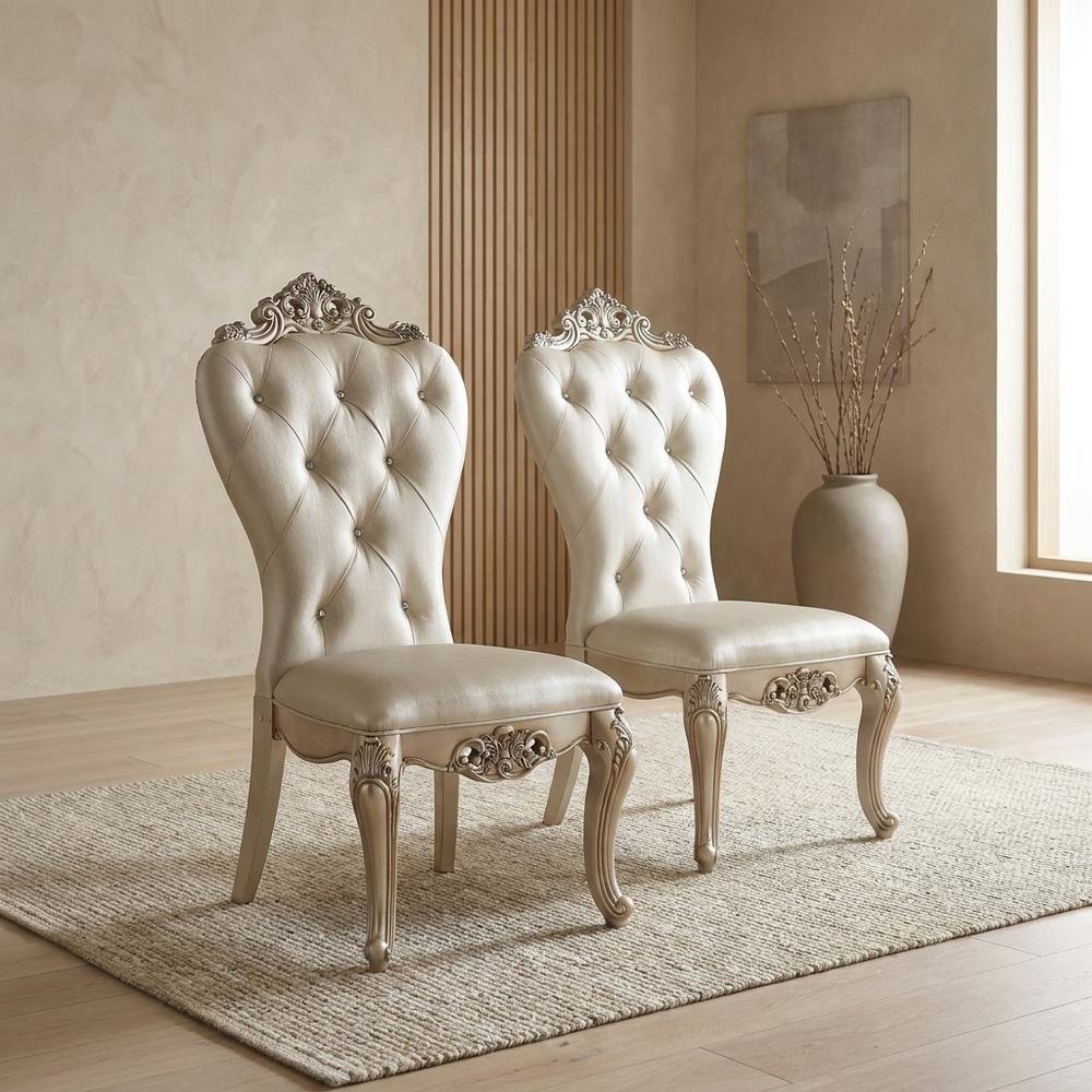 Fabric Accent Dining Chair with Wooden Legs, Cream Fabric & Golden Ivory, Set of 2