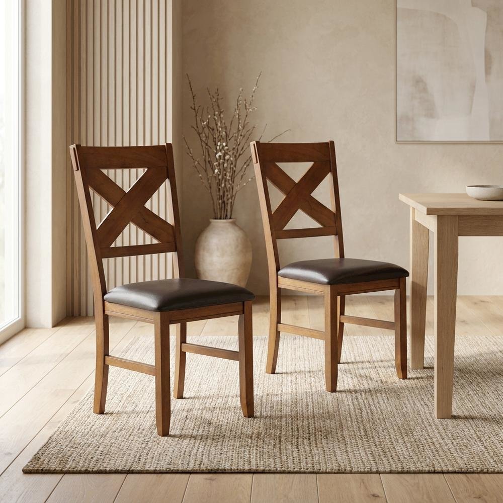 Dining Chairs with Walnut Wood Legs, Espresso Synthetic Leather & Walnut, Set of 2