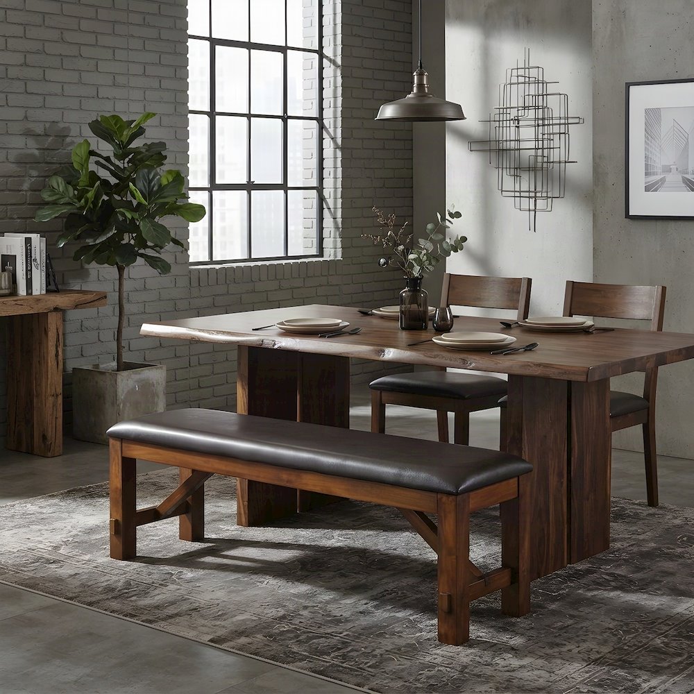 Wood and PU Leather Indoor Dining Bench, Espresso Synthetic Leather & walnut