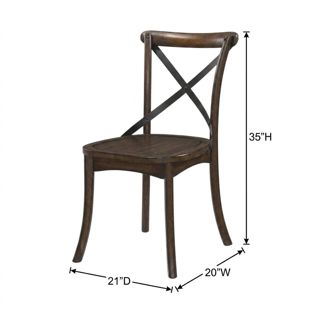 Wood Veneer Armless Dining Chair with Metal X-Back, Dark Oak & Black, Set of 2