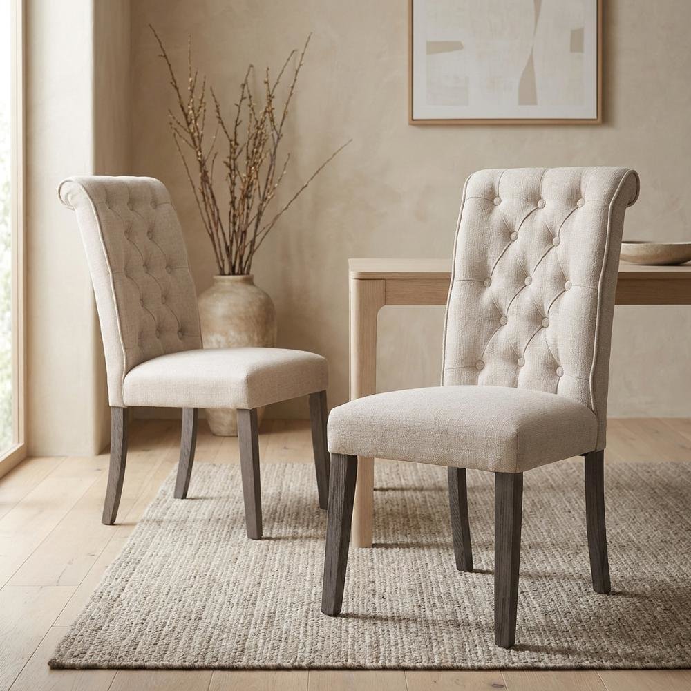 Linen Armless Accent Chair with Hickory Wood Frame, Beige Linen & Gray, Set of 2