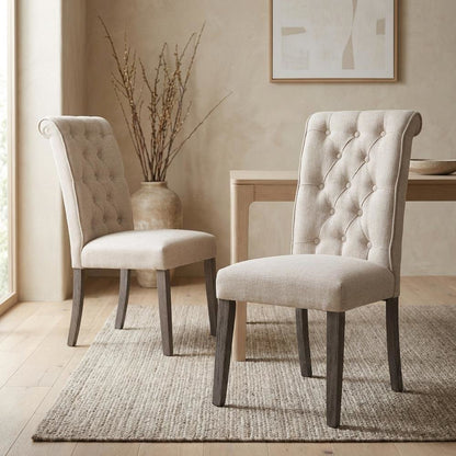 Linen Armless Accent Chair with Hickory Wood Frame, Beige Linen & Gray, Set of 2