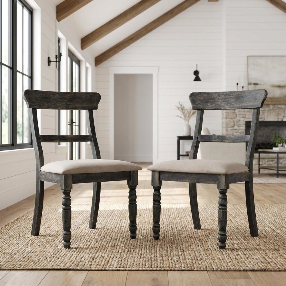 Fabric-Upholstered Wood Dining Chairs, Light Brown Linen & Weathered Gray, Set of 2
