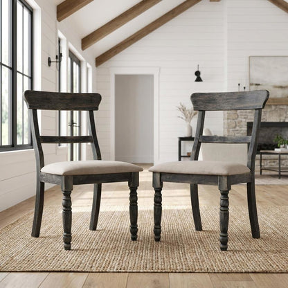 Fabric-Upholstered Wood Dining Chairs, Light Brown Linen & Weathered Gray, Set of 2