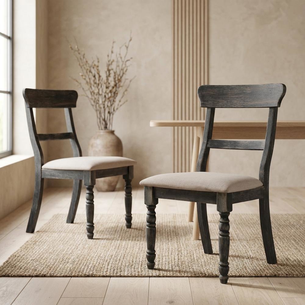 Fabric-Upholstered Wood Dining Chairs, Light Brown Linen & Weathered Gray, Set of 2