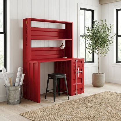 Red Cargo Desk And Hutch With Spacious Workspace And Storage Options