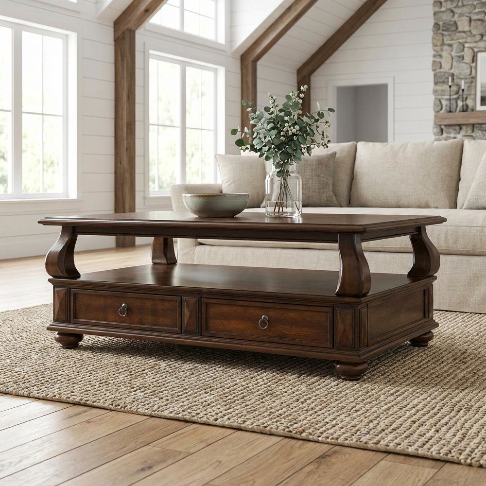 Walnut Wood Veneer Coffee Table with Rectangular Top and Transitional Design
