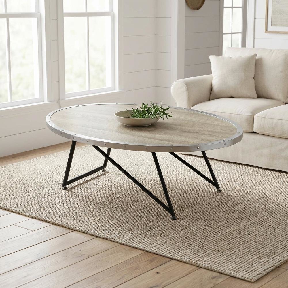 Weathered Gray Oak Coffee Table with Metal Frame and Wood Veneer Top