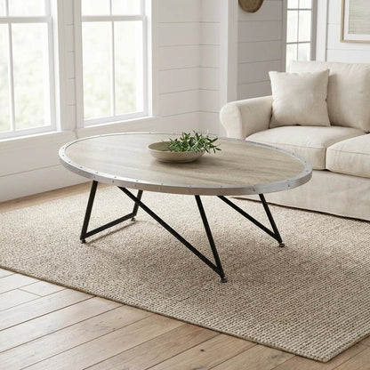 Weathered Gray Oak Coffee Table with Metal Frame and Wood Veneer Top