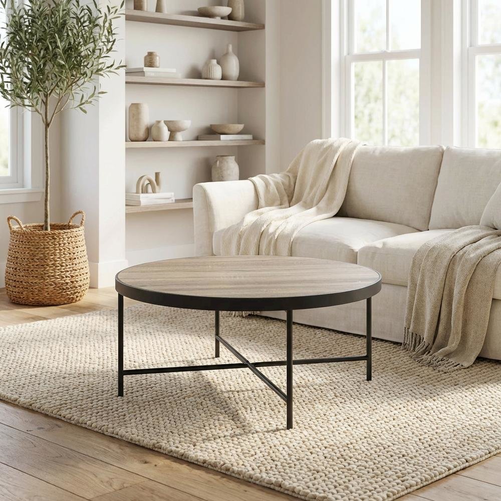 Weathered Gray Oak Metal Coffee Table with Industrial Style and Wood Veneer