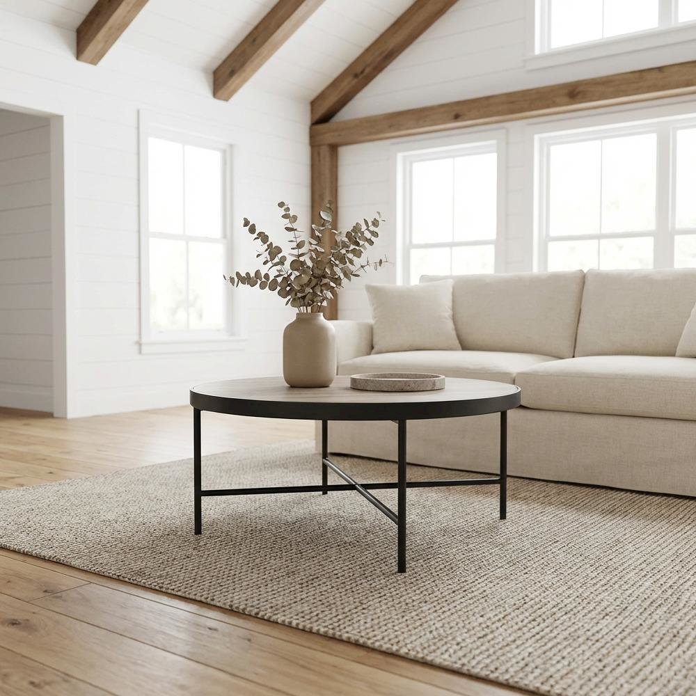 Weathered Gray Oak Metal Coffee Table with Industrial Style and Wood Veneer