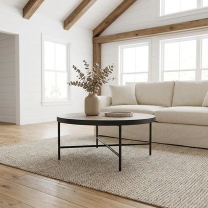 Weathered Gray Oak Metal Coffee Table with Industrial Style and Wood Veneer