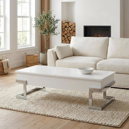 White High Gloss Coffee Table with Chrome Lift Top and Metal Wood Design