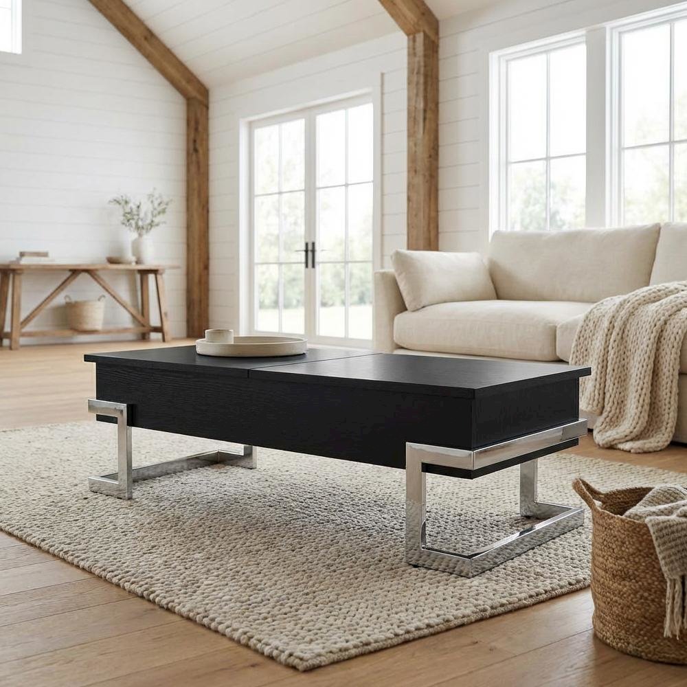 Black and Chrome Coffee Table with Lift Top Metal Wood Veneer Composite Wood