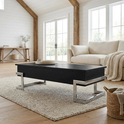 Black and Chrome Coffee Table with Lift Top Metal Wood Veneer Composite Wood