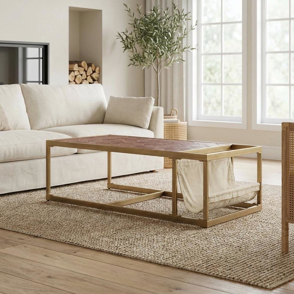Retro Brown Top Grain Leather Coffee Table with Industrial Metal Frame