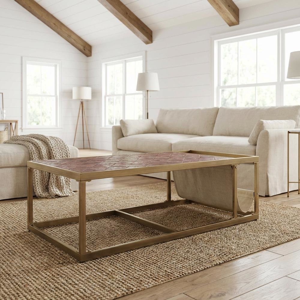 Retro Brown Top Grain Leather Coffee Table with Industrial Metal Frame