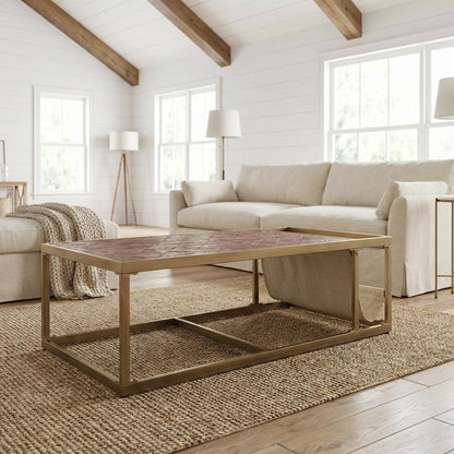 Retro Brown Top Grain Leather Coffee Table with Industrial Metal Frame