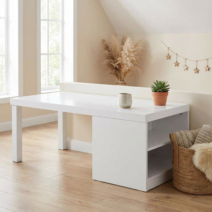 White Rectangular Coffee Table with High Gloss Wood and Chrome Accents