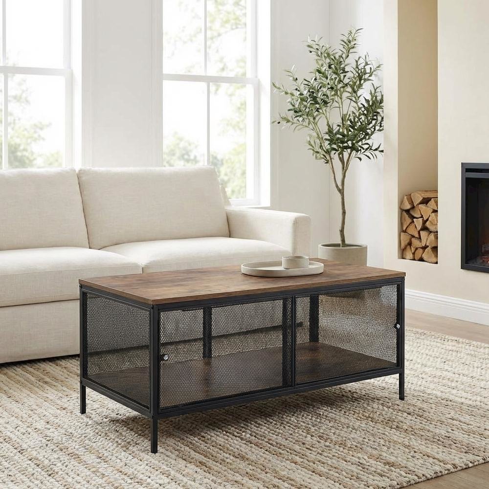 Coffee Table Antique Oak and Black Metal Tube Frame with Veneer Top, MDF Base