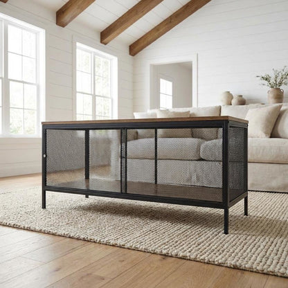 Coffee Table Antique Oak and Black Metal Tube Frame with Veneer Top, MDF Base